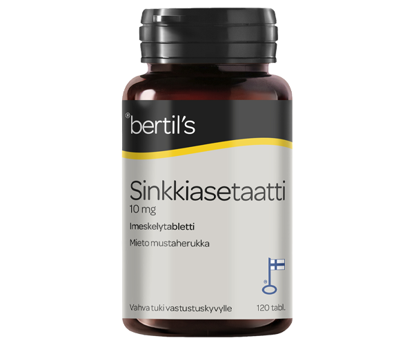 Bertil's Sinkkiasetaatti 10 mg miedon mustaherukan makuinen imeskelytabletti